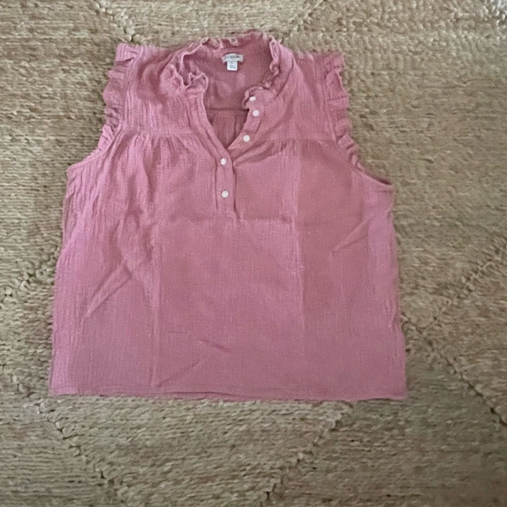 J. Crew Women’s Pink Sleeveless Popover Top L Ruffle Neck Buttons
